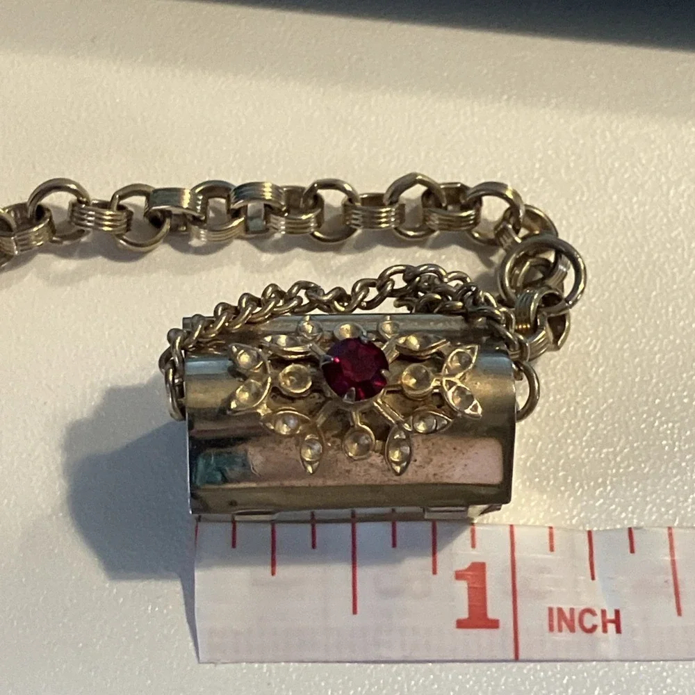 Vintage Charm Bracelet Red Crystal Treasure Chest Opens Whimsical Kitschy Quirky